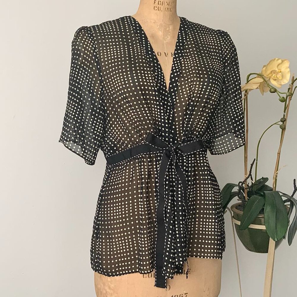 AXCESS Size 14 Semi See Through Black and White Polka Dots Polyester Waisted Top